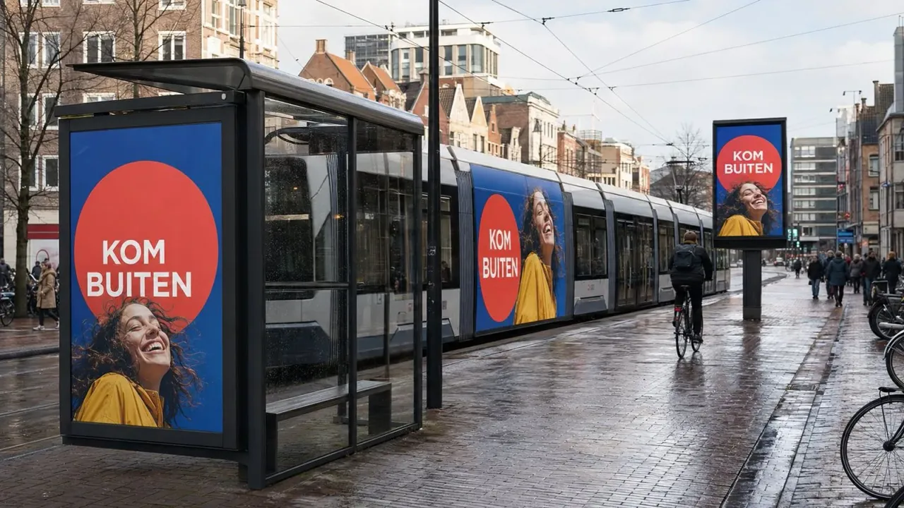 Voorbeeld van buitenreclame: een abri en billboard in een stadsstraat met passanten en verkeer