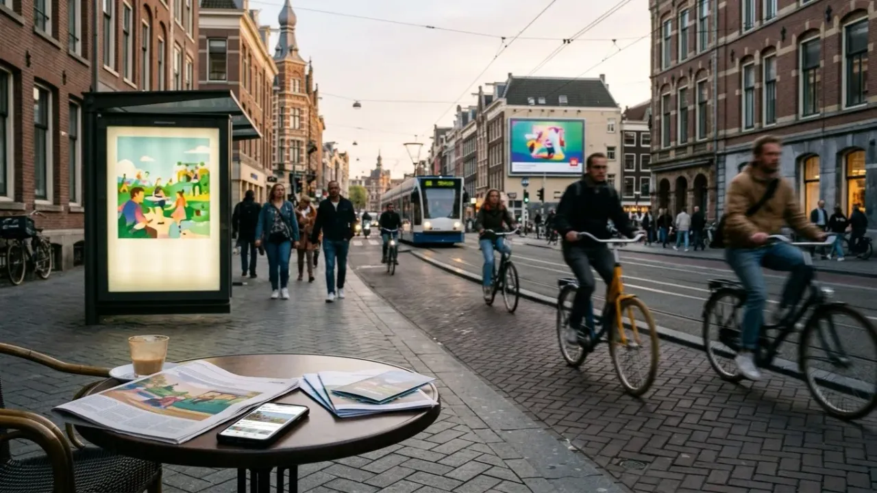 Voorbeeld van reclame: een abri bij een station en een krantenadvertentie naast elkaar