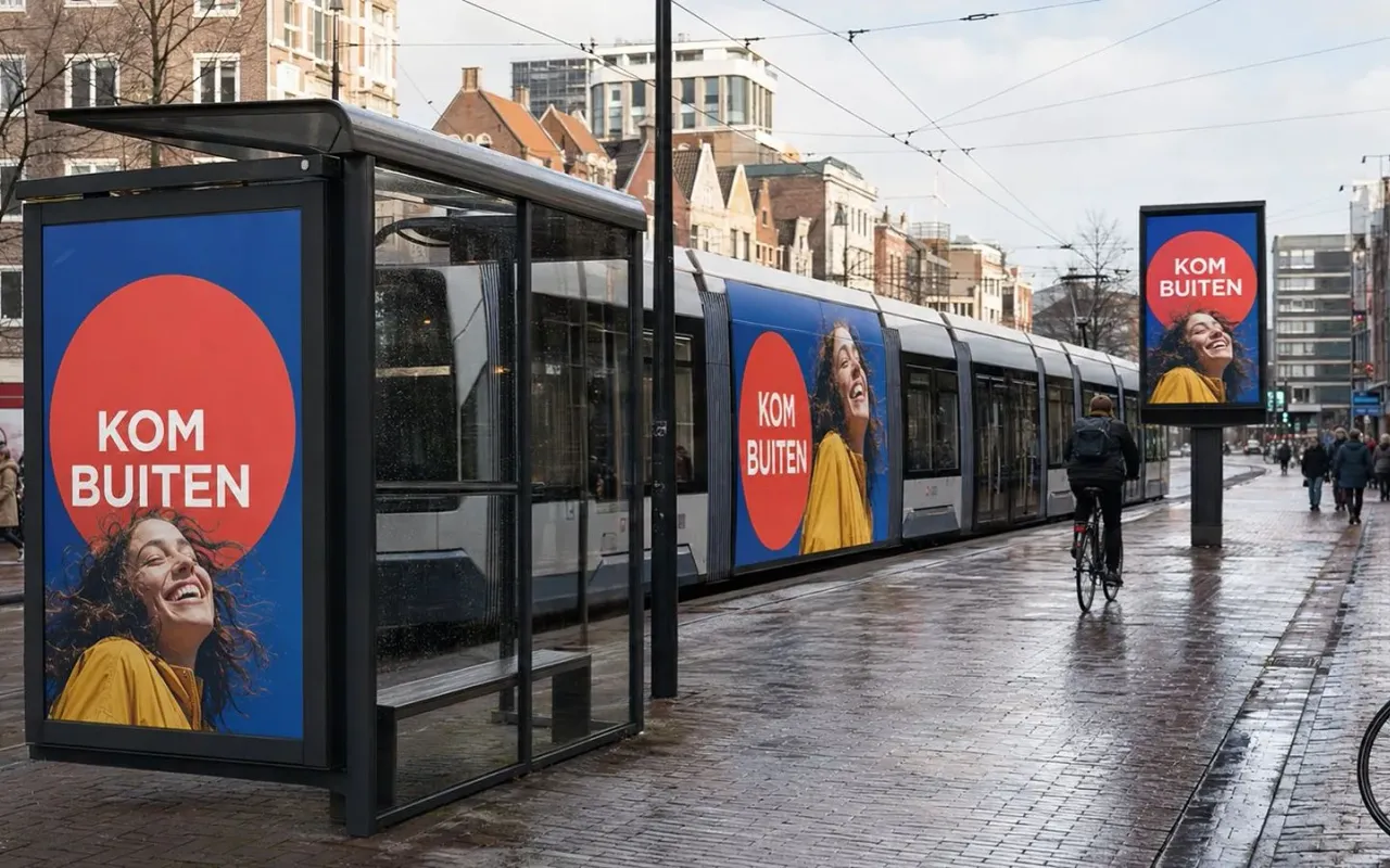 Voorbeeld van buitenreclame: een abri en billboard in een stadsstraat met passanten en verkeer