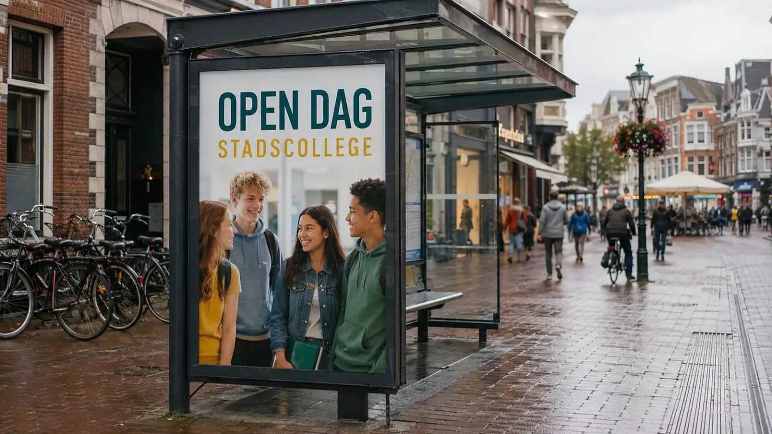 Voorbeeld van lokale buitenreclame: abri en stadsbeeld met lokale advertenties