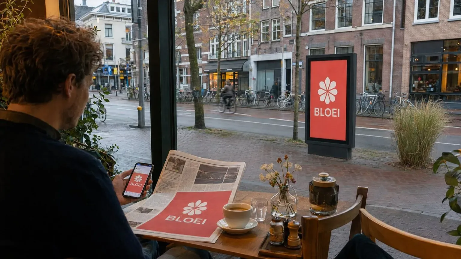 Voorbeeld van buitenreclame en krantenadvertentie: een abri bij de weg en een open krant op een tafel