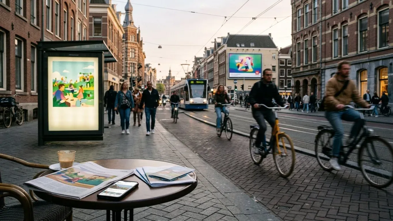 Voorbeeld van reclame: een abri bij een station en een krantenadvertentie naast elkaar