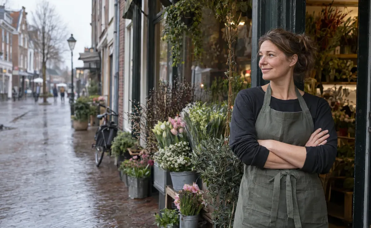 Bloemiste voor haar winkel in een Nederlandse winkelstraat