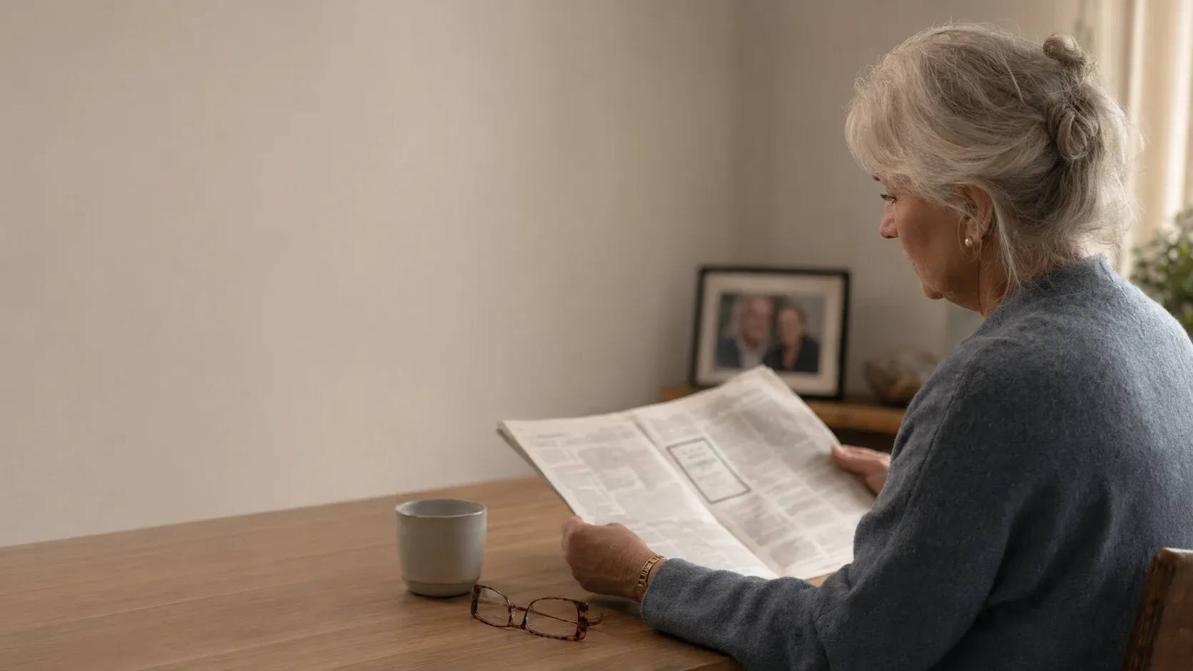 Een vrouw leest rustig de krant aan de eettafel, met een ingelijste foto op de achtergrond